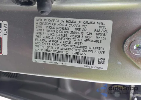 2020 Honda Cr-V Awd Ex из США, поврежденный, VIN 2HKRW2H5XLH693152